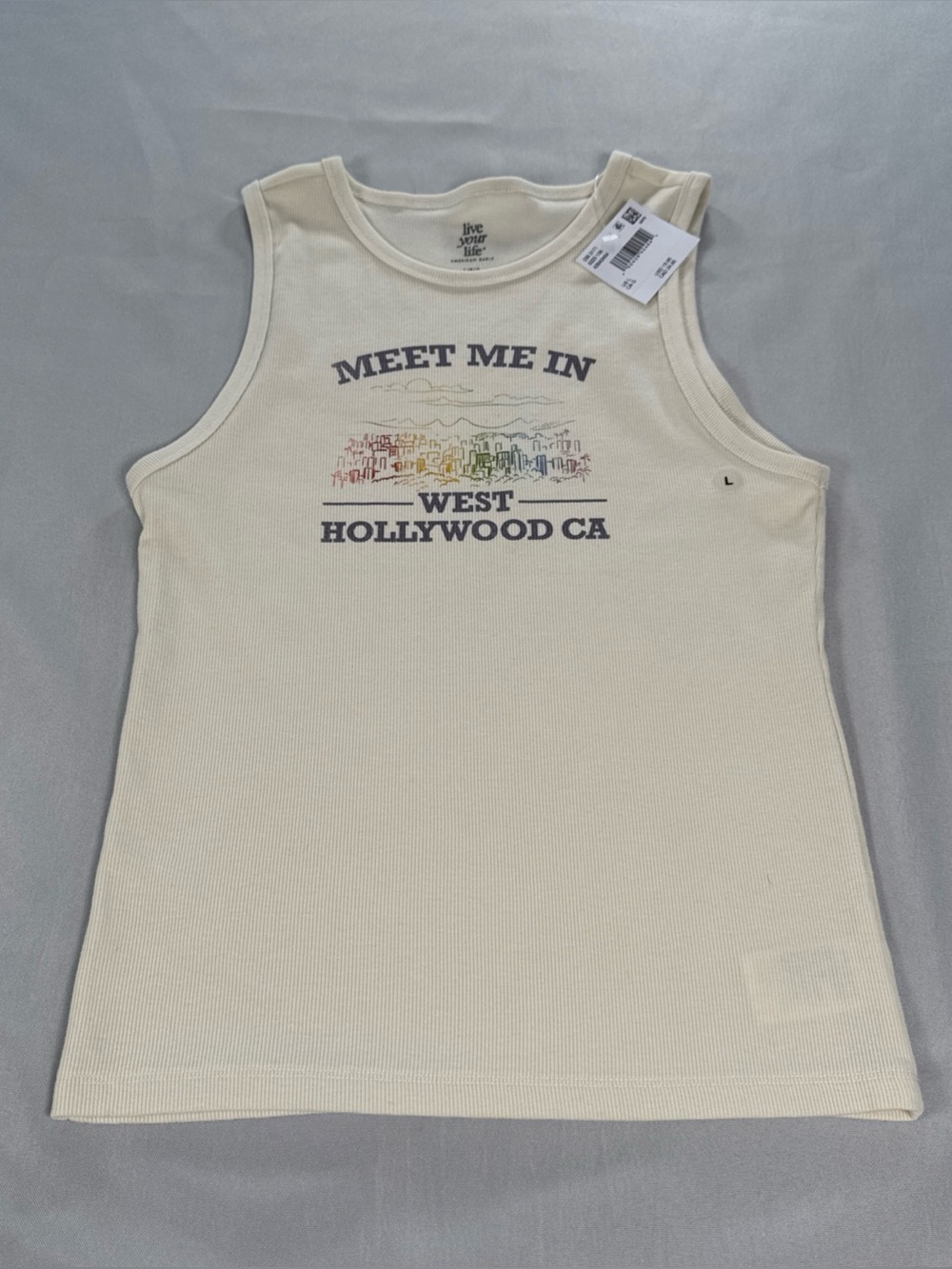 NWT American Eagle Ribbed Graphic Tank Women's Large Beige West Hollywood Cali